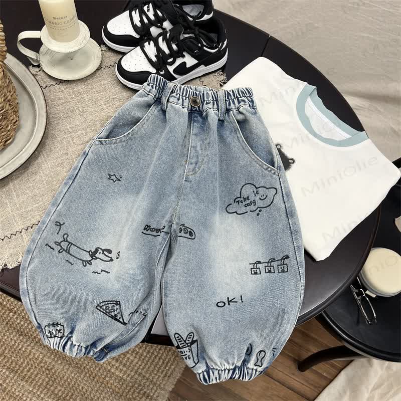 Toddler Blue Graffiti Denim Balloon Pants - Blue - 6-7T - image 1