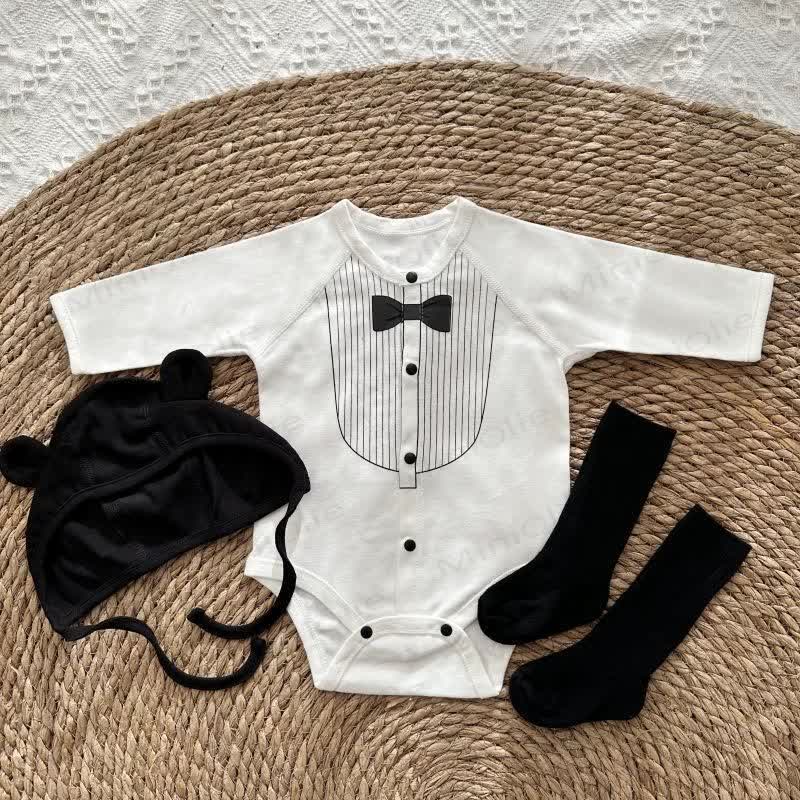 Baby Boy Classic Tuxedo Striped Bow Tie Bodysuit with Black Stockings and Black Hat - image 1