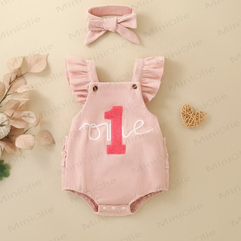 1 ONE Baby Girl Ribbed Corduroy Ruffle Suspender Birthday Bodysuit With Bow Headband - Pink - 12-18M - image 1