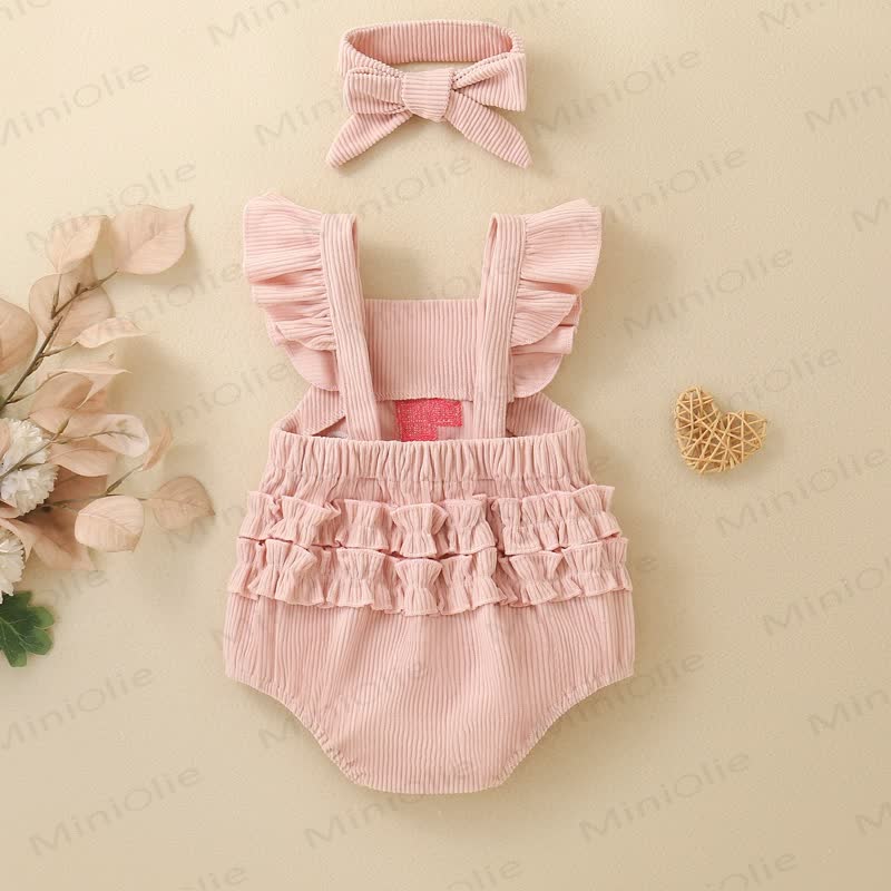 1 ONE Baby Girl Ribbed Corduroy Ruffle Suspender Birthday Bodysuit With Bow Headband - image 2