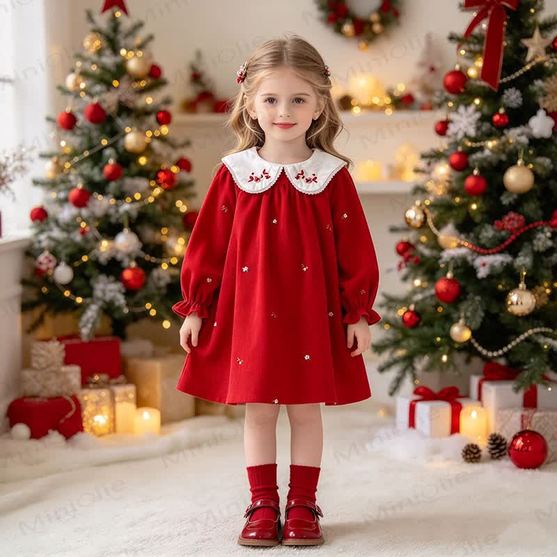 Toddler Girl Christmas Corduroy Floral Collar Red Dress - image 2