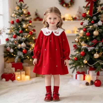 Toddler Girl Christmas Corduroy Floral Collar Red Dress - image 2