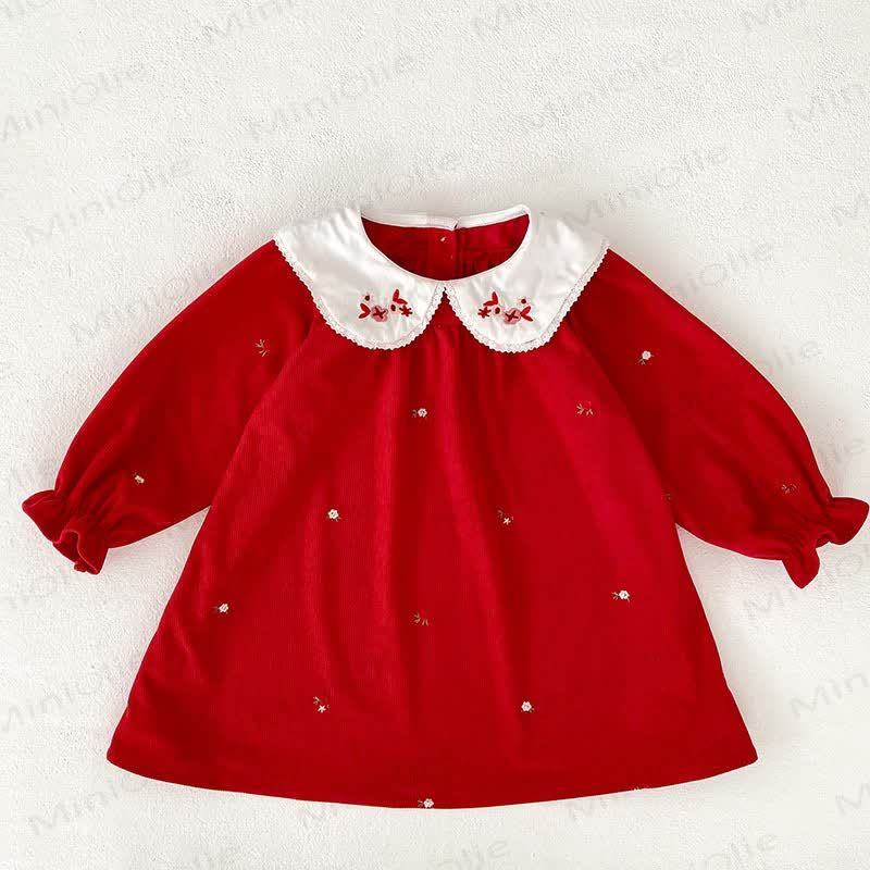 Toddler Girl Christmas Corduroy Floral Collar Red Dress - Red - 6-7T - image 3