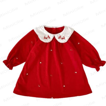 Toddler Girl Christmas Corduroy Floral Collar Red Dress - image 4