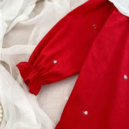 Toddler Girl Christmas Corduroy Floral Collar Red Dress - image 6
