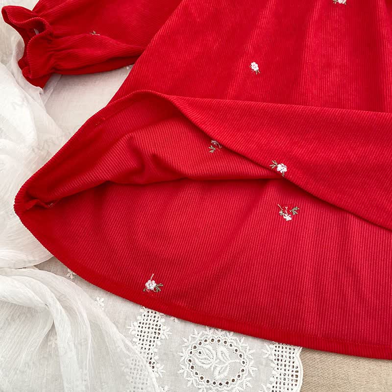 Toddler Girl Christmas Corduroy Floral Collar Red Dress - image 7