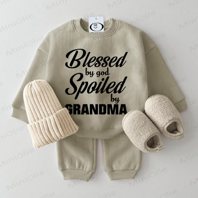 BLESSED BY GOD SPOILED BY GRANDMA Baby Grey Green Sweatshirt 2-piece Set - Grey Green - 2-3T - image 1