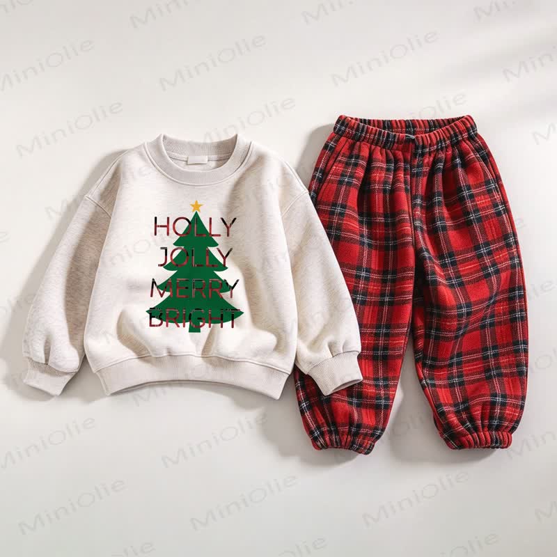 HOLLY JOLLY MERRY BRIGHT Kid Christmas Tree Sweatshirt and Pants 2-piece Set - White&Red - 6-7T - image 1