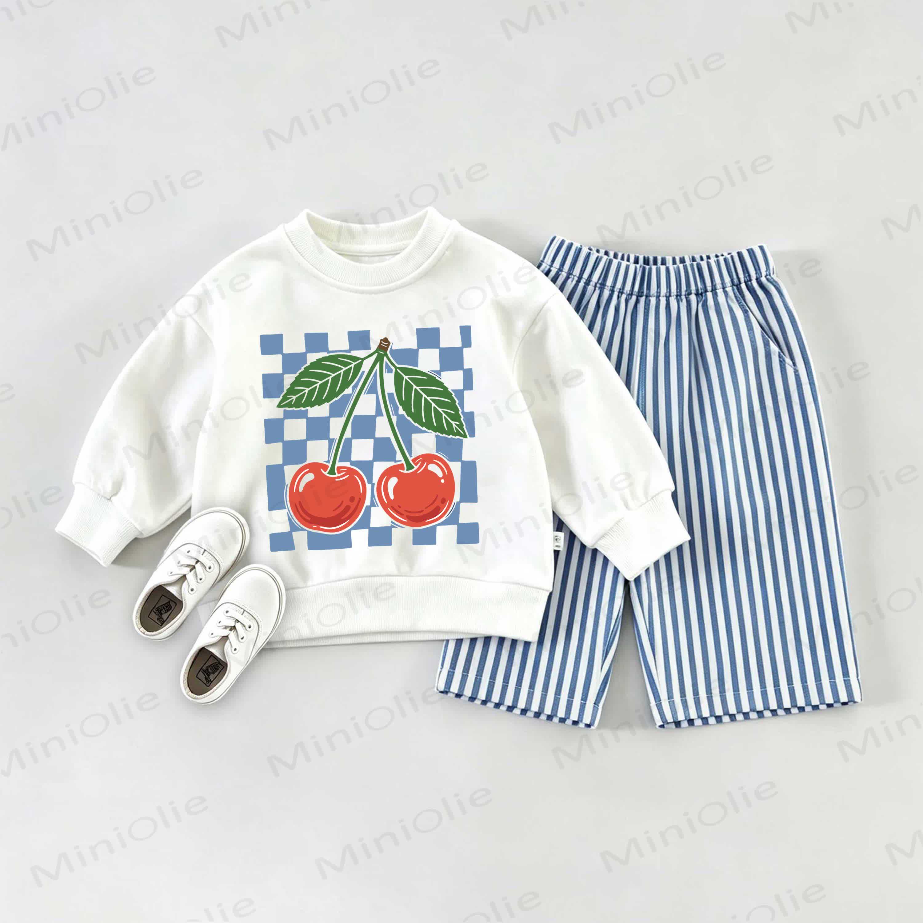 Baby Cherry Blue Check Sweatshirt and Striped Pants Set - White&Blue - 2-3T - image 1