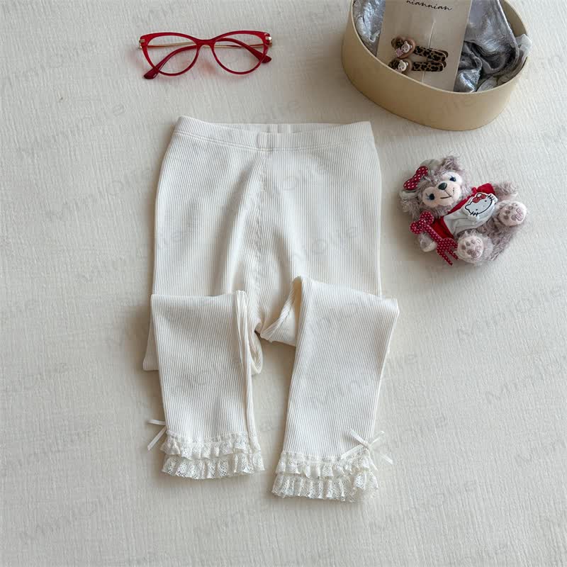 Toddler Girl Bow Lace Hem Leggings - White - 8-9T - image 2