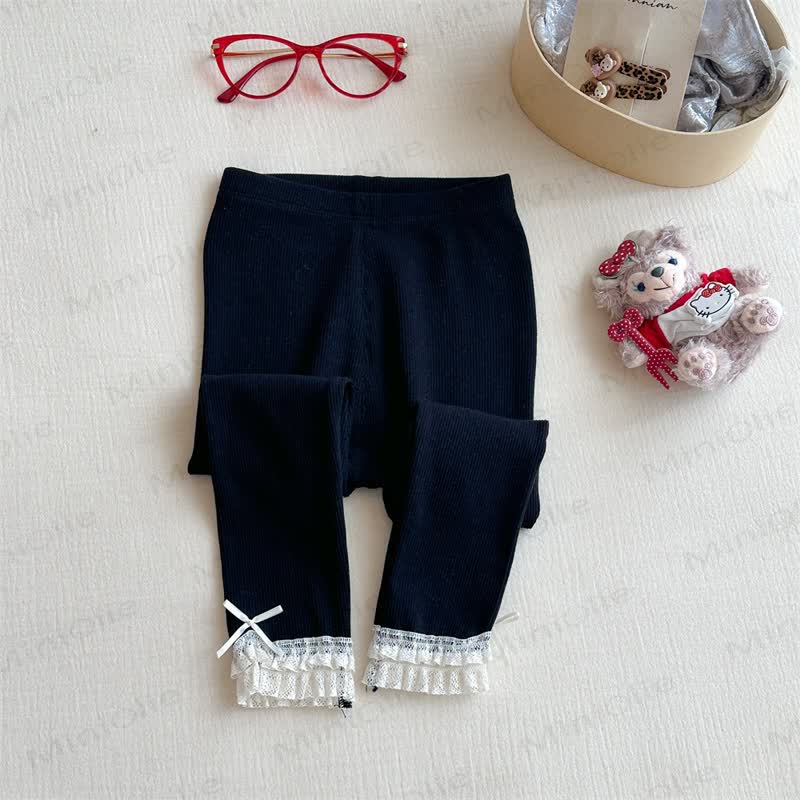 Toddler Girl Bow Lace Hem Leggings - Black - 8-9T - image 4