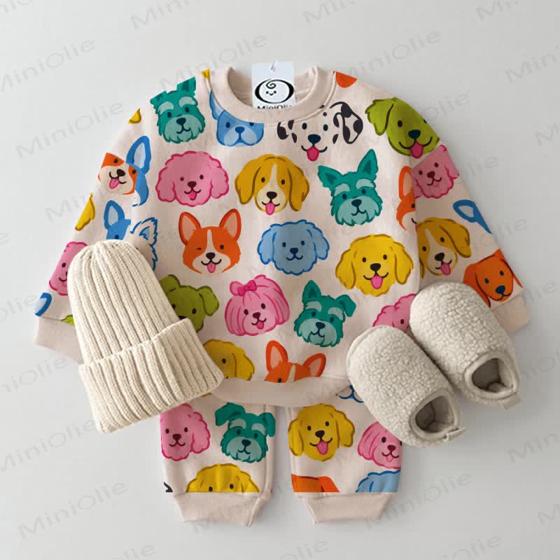 Baby Toddler Colorful Dog Head Beige 2-piece Set - Beige - 3-5T - image 1