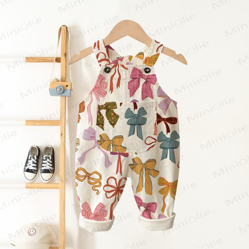 Baby Toddler Colorful Bow Pocket Overalls - Beige - 3-5T - image 1