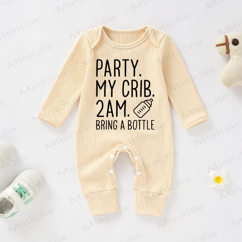 PARTY. MY CRIB  2AM. BRING A BOTTLE Baby Apricot Ribbed Long-Sleeve Romper - Apricot - 18-24M - image 1