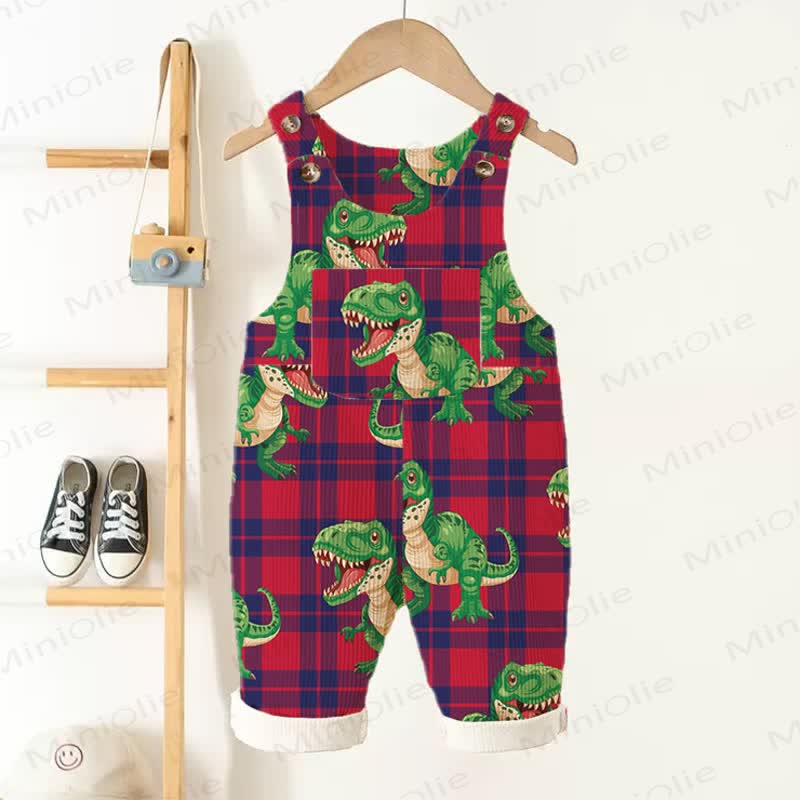 Baby Toddler Plaid Dinosaur Corduroy Overalls - Red - 3-5T - image 1