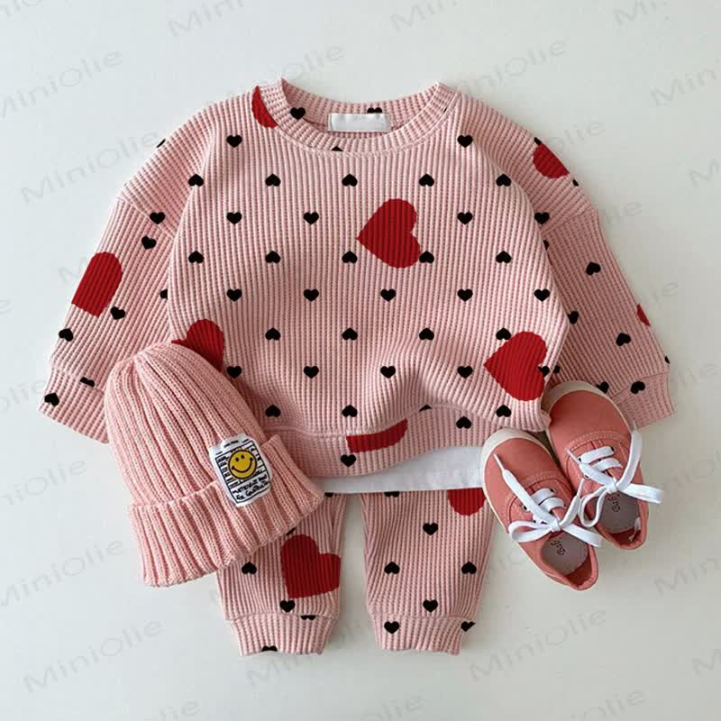 Baby Heart Polka Dot Waffle Sweartshit and Pants 2-piece Set - Pink - 2-3T - image 1