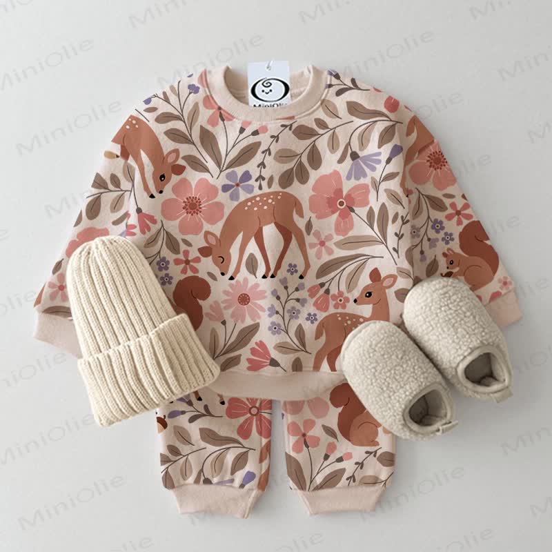 Baby Toddler Flower Sika Deer  2-piece Beige Set - Beige - 2-3T - image 1