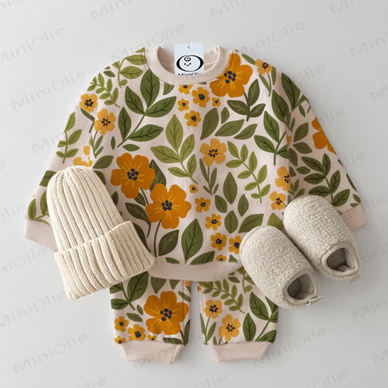 Baby Toddler Flower Leaves 2-piece Beige Set - Beige - 2-3T - image 1
