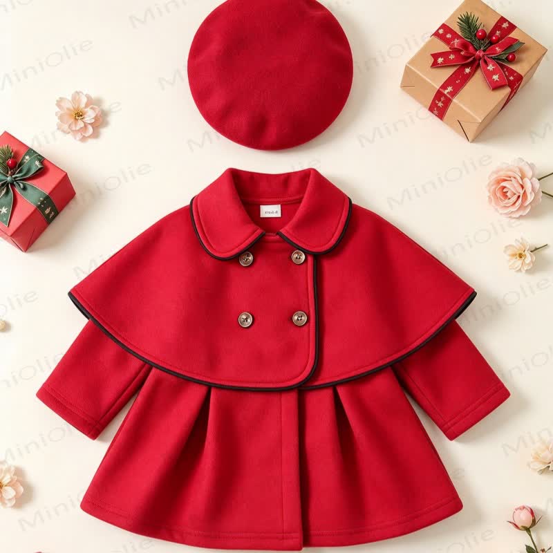 Baby Girl Christmas Cape Doll Collar Outerwear with Hat - Red - 3-4Y - image 2
