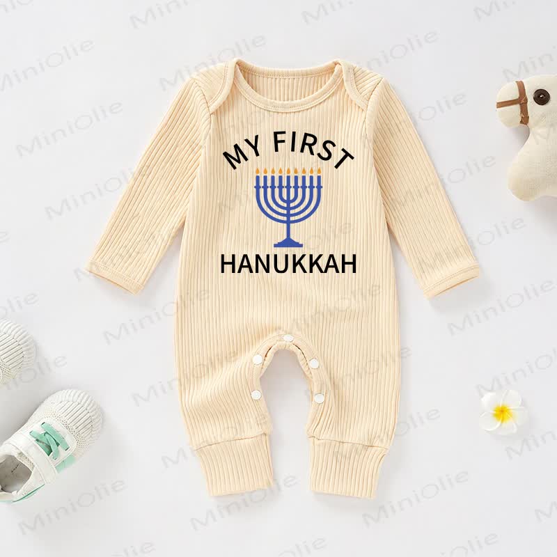 MY FIRST HANUKKAH Baby Menorah Print Apricot Ribbed Long-Sleeve Romper - Apricot - 18-24M - image 1