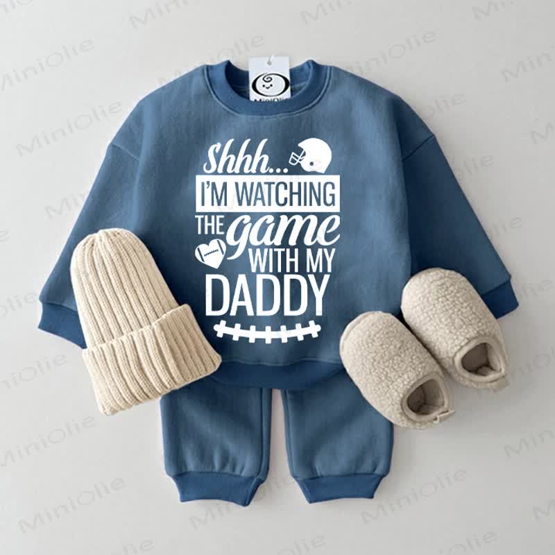 SHHH... I'M WATCHING THE GAME WITH MY DADDY Baby Football Sweatshirt 2-piece Blue Set - Blue - 2-3T - image 1