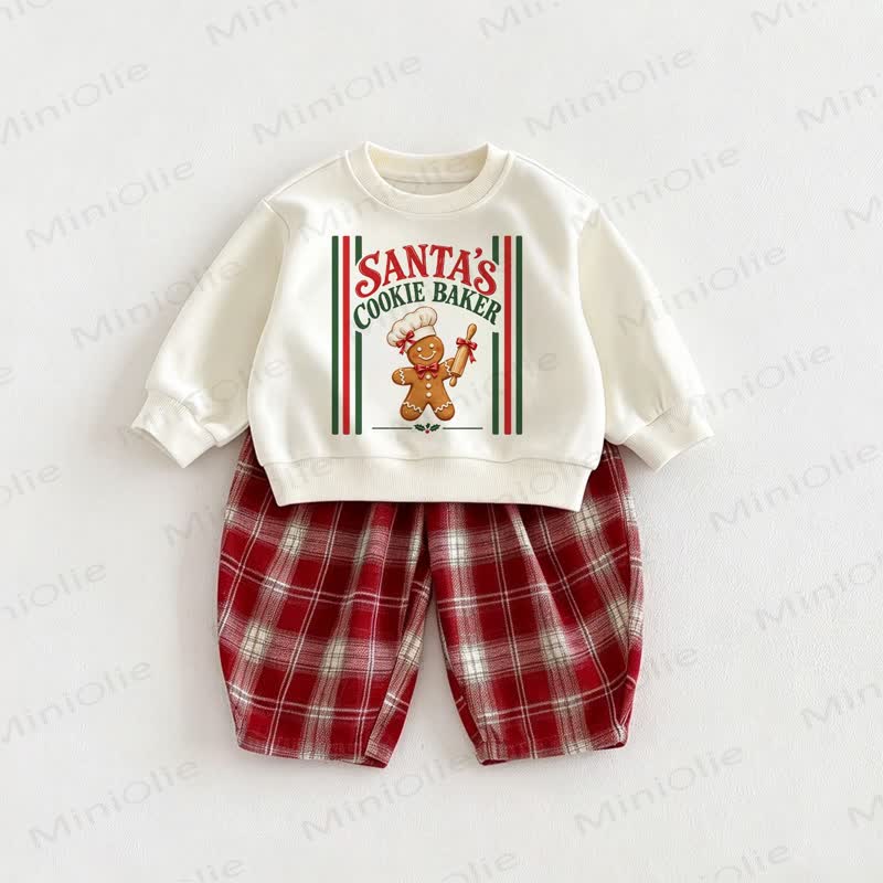 SANTA'S COOKIE BAKER Baby Gingerbread Man Sweatshirt and Red Checkered Pants 2-piece Set - Beige&Red - 6-7T - image 1