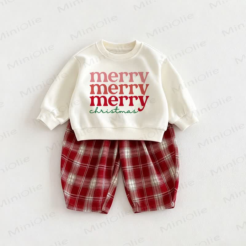 MERRY MERRY MERRY CHRISTMAS Baby Sweatshirt and Red Checkered Pants 2-piece Set - Beige&Red - 6-7T - image 1