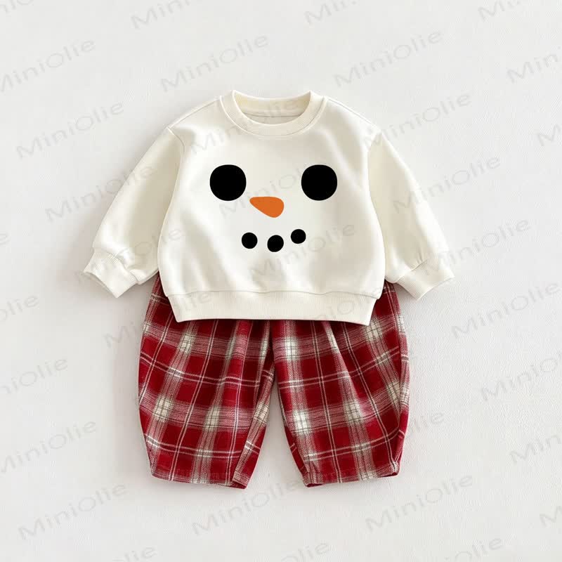 Baby Snowman Sweatshirt and Red Checkered Pants 2-piece Set - Beige&Red - 6-7T - image 1