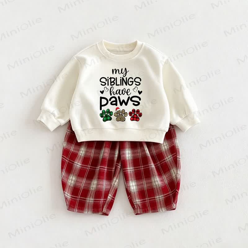 MY SIBLINGS HAVE PAWS Baby Paws Sweatshirt and Red Checkered Pants 2-piece Set - Beige&Red - 6-7T - image 1