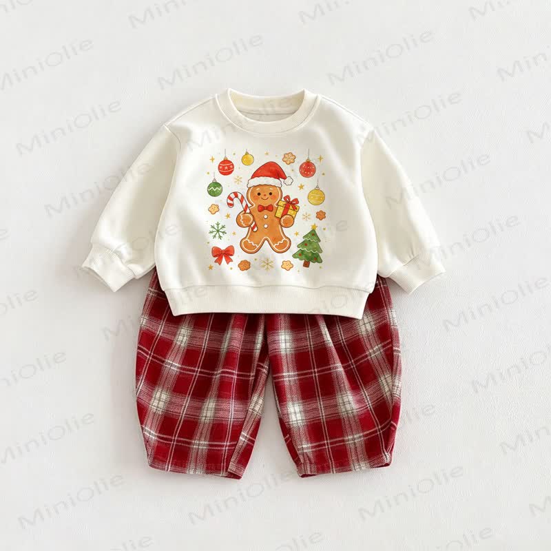 Baby Christmas Print Sweatshirt and Red Checkered Pants 2-piece Set - Beige&Red - 6-7T - image 1