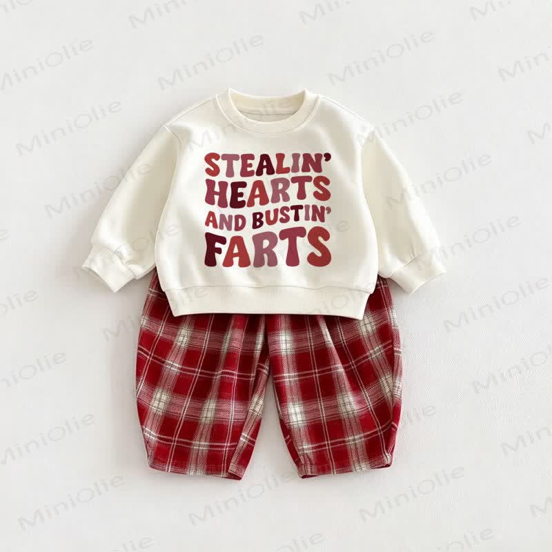  STEALIN' HEARTS AND BUSTIN' FARTS Baby Sweatshirt and Red Checkered Pants 2-piece Set - Beige&Red - 6-7T - image 1
