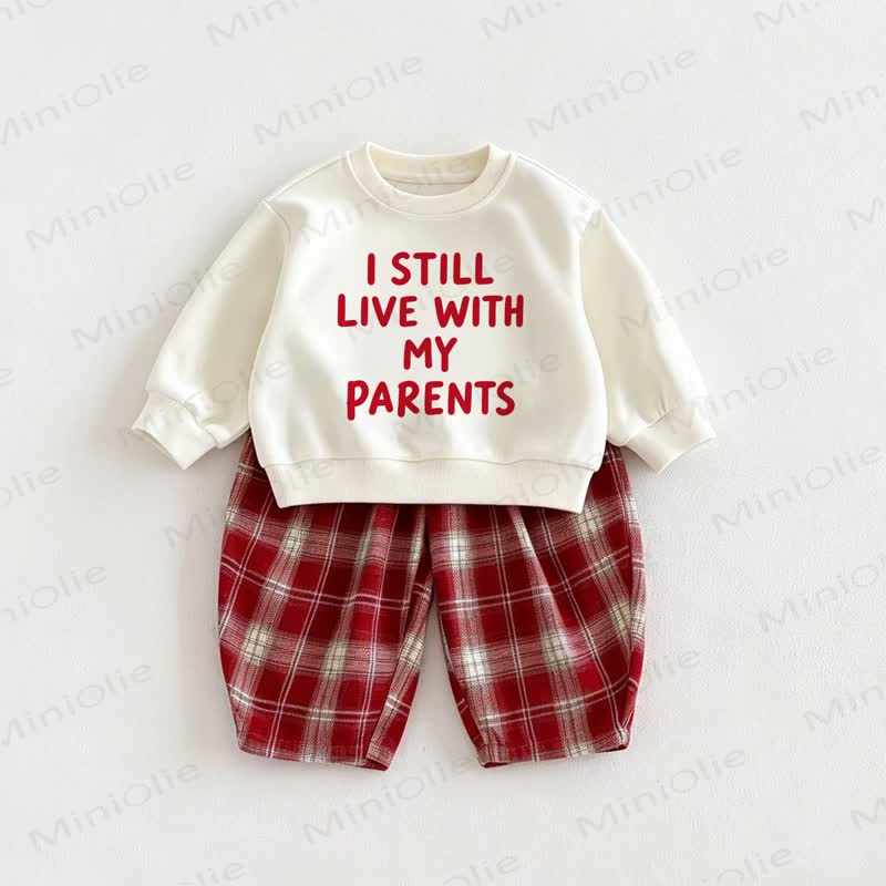 I STILL LIVE WITH MY PARENTS Baby Sweatshirt and Red Checkered Pants 2-piece Set - Beige&Red - 6-7T - image 1