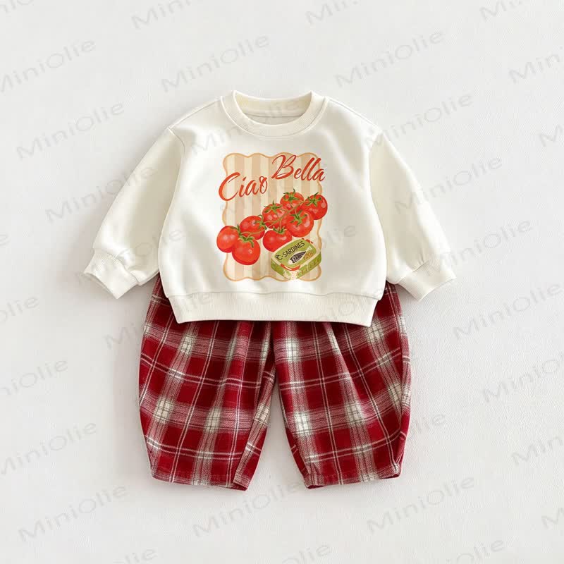 CIAO BELLA Baby Tomato Striped Sweatshirt and Red Checkered Pants 2-piece Set - Beige&Red - 6-7T - image 1