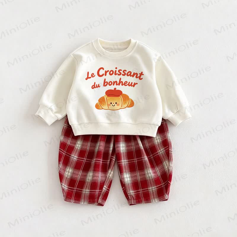 LE CROISSANT DU BONHEUR Baby Croissant Smile Sweatshirt and Red Checkered Pants 2-piece Set - Beige&Red - 6-7T - image 1