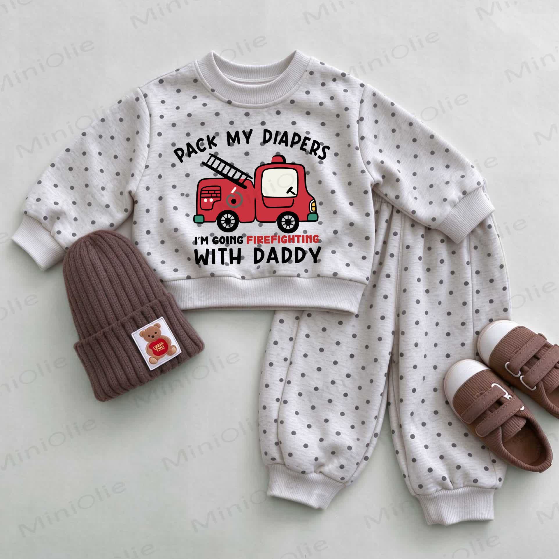 PACK MY DIAPERS I'M GOING FIREFIGHTING WITH DADDY Baby Light Gray Fire Truck Polka Dot Sweatshirt Set - Light Gray - 2-3T - image 1