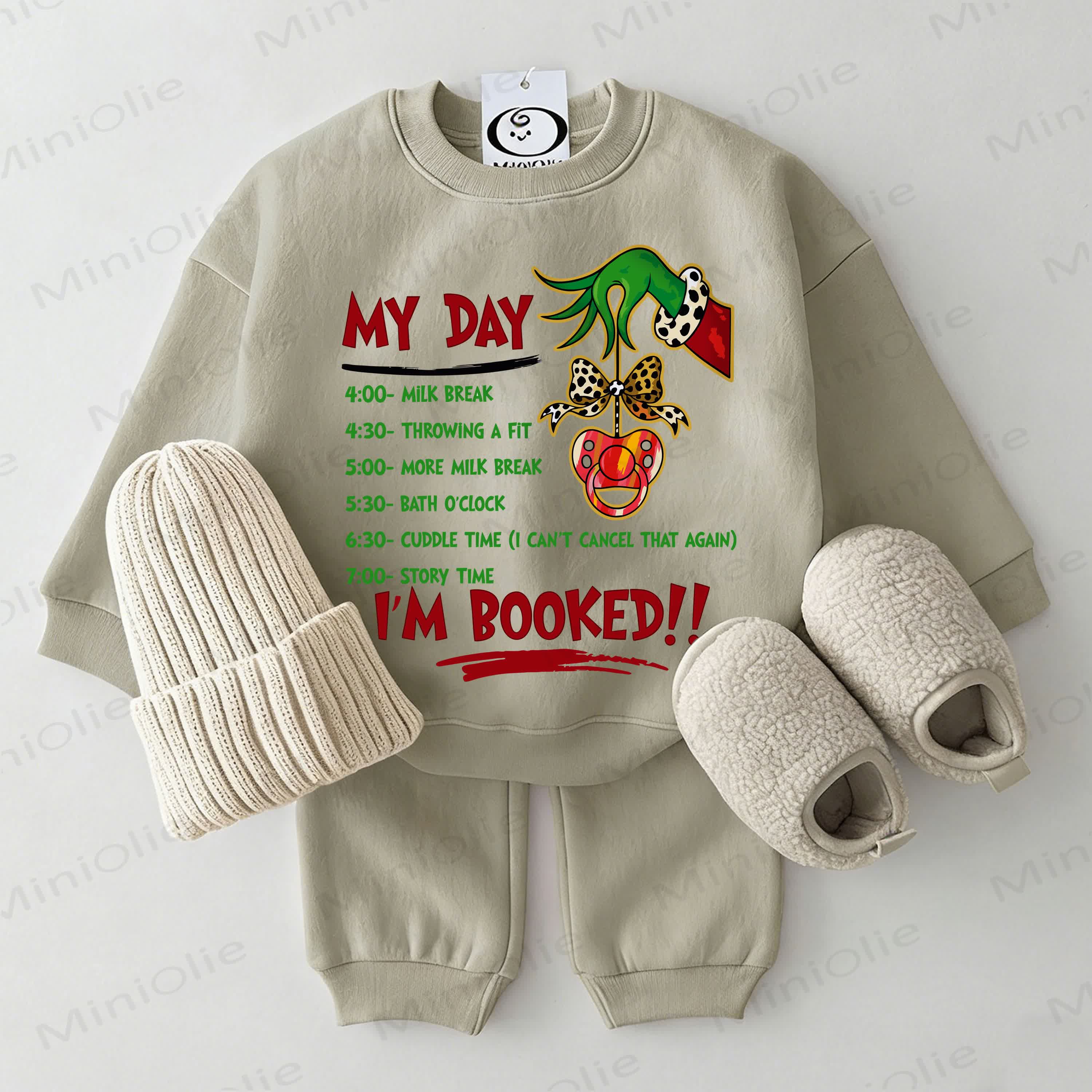 MY DAY I'M BOOKED!! Baby The Grinch Sweatshirt 2-piece Grey Green Set - Grey Green - 2-3T - image 1