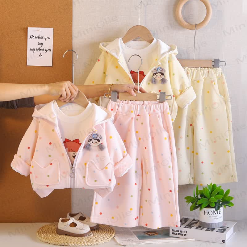 Toddler Girl Polka Dot Hooded Jacket 3-Piece Set - image 1