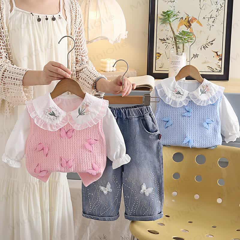 Toddler Girl Butterfly Knit Vest and Denim Pants 3-Piece Set - image 1