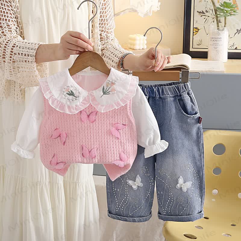 Toddler Girl Butterfly Knit Vest and Denim Pants 3-Piece Set - Pink - 4-5T - image 2