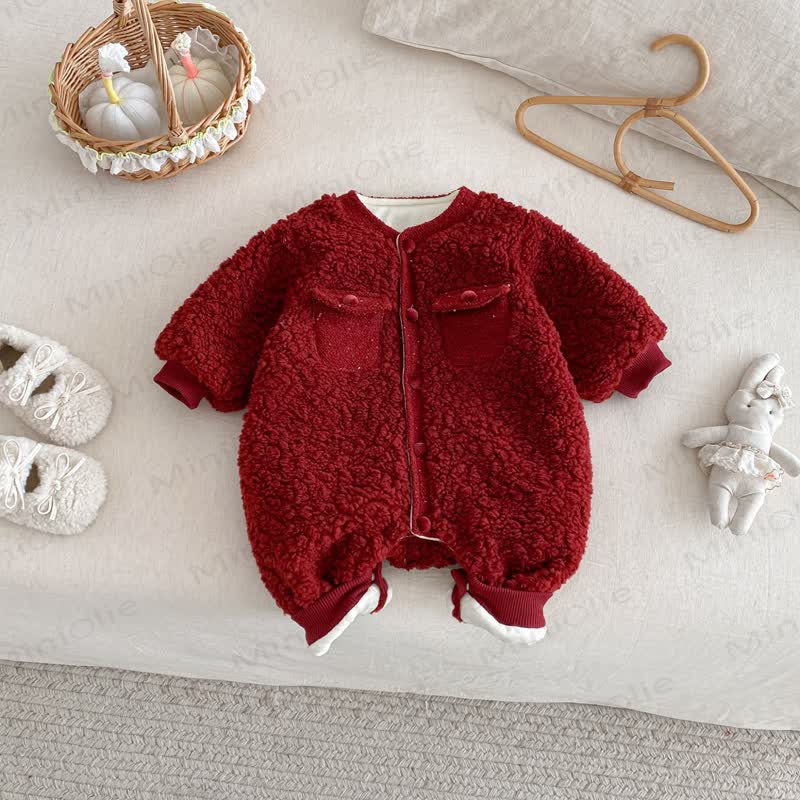 Baby Toddler Cute Fleece Pocket Romper - Red - 18-24M - image 2