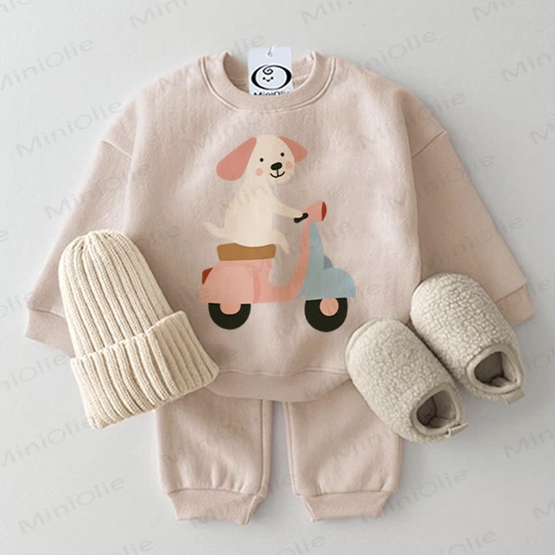 Baby Puppy Riding a Scooter Beige Sweatshirt 2-piece Set - Beige - 2-3T - image 1