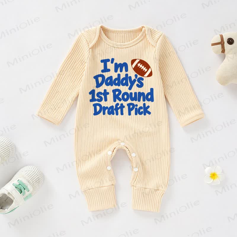 I'M DADDY'S 1ST ROUND DRAFT PICK Baby Football Print Apricot Ribbed Long-Sleeve Romper - Apricot - 18-24M - image 1