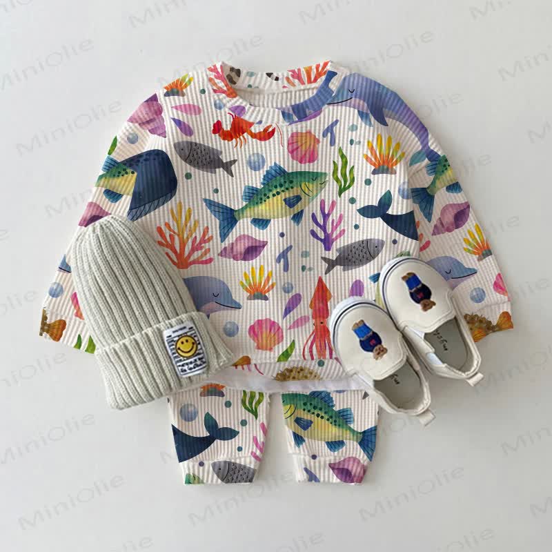 Baby White Ocean Animals Waffle 2-piece Set - White - 2-3T - image 1
