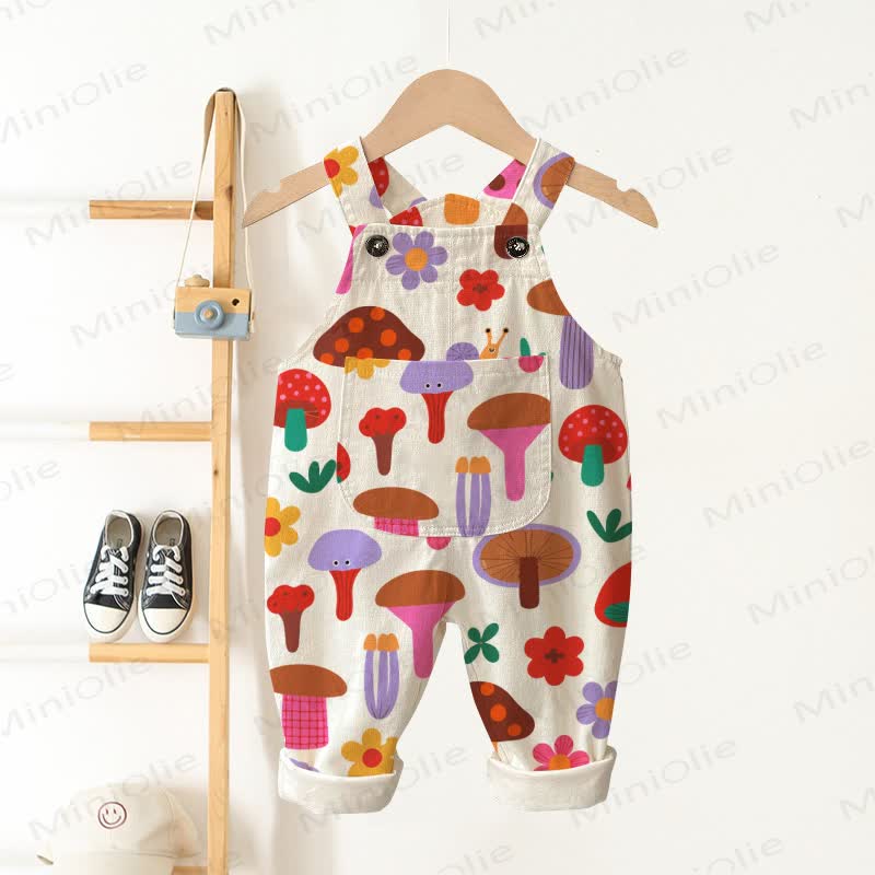 Baby Toddler Mushrooms and Flowers Pocket Overalls - Beige - 3-5T - image 1
