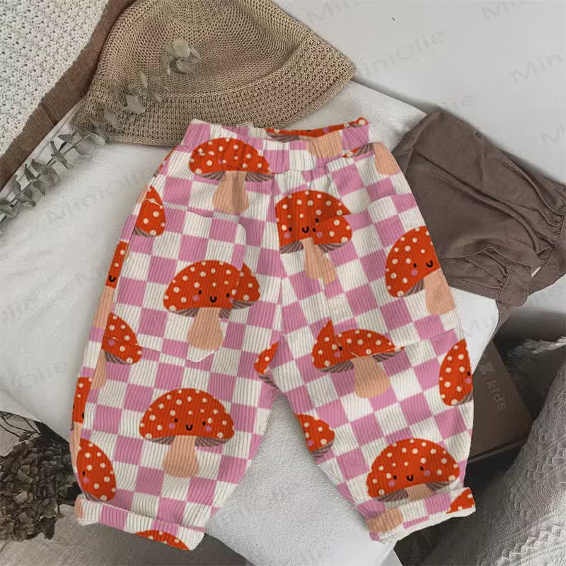 Baby Toddler Mushroom Smile Pink Checkerboard Beige Cord Pants - Beige - 3-5T - image 1