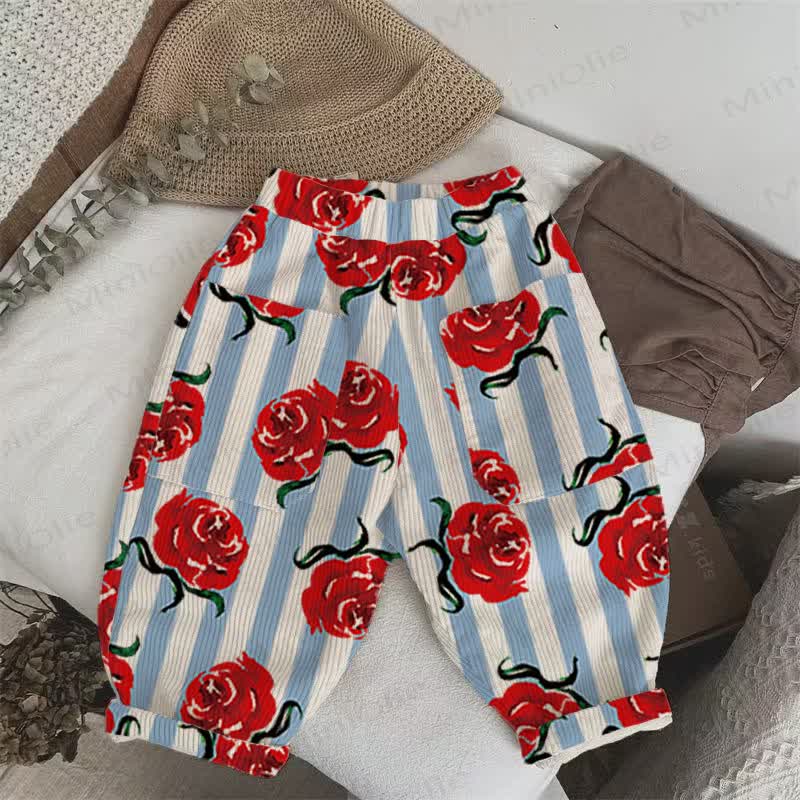 Baby Toddler Beige Rose Blue Striped Cord Pants - Beige - 3-5T - image 1
