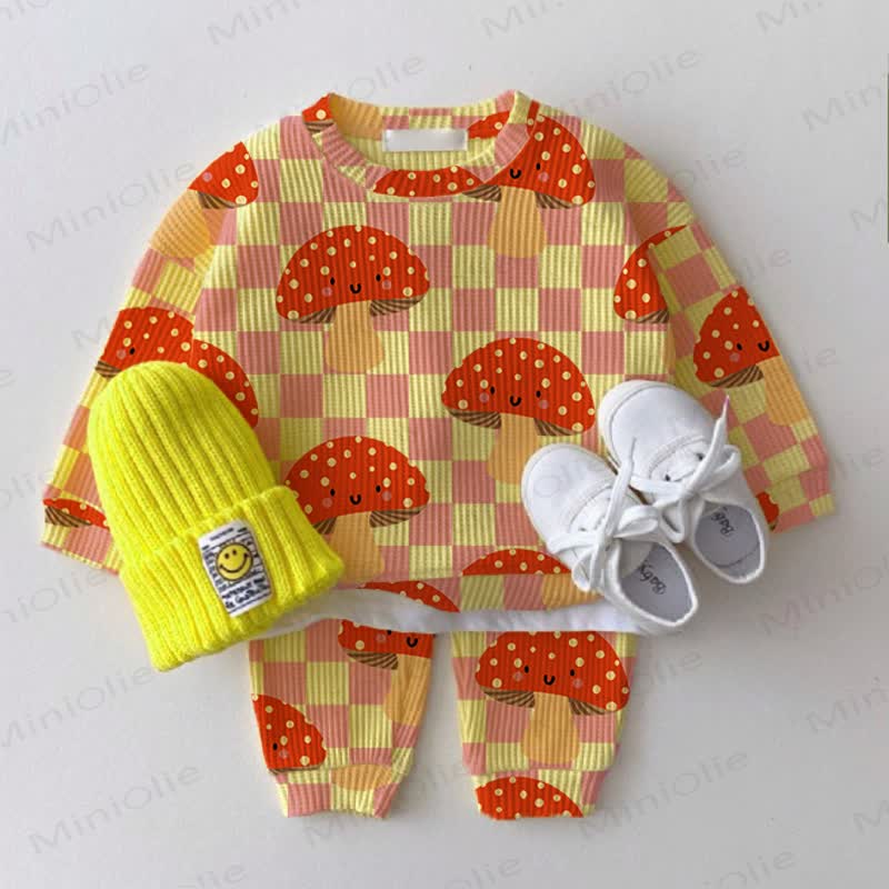 Baby Mushroom Checkered Yellow Waffle 2-piece Set - Yellow - 2-3T - image 1