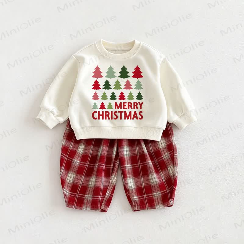 MERRY CHRISTMAS Baby Trees Sweatshirt and Red Checkered Pants 2-piece Set - Beige&Red - 6-7T - image 1