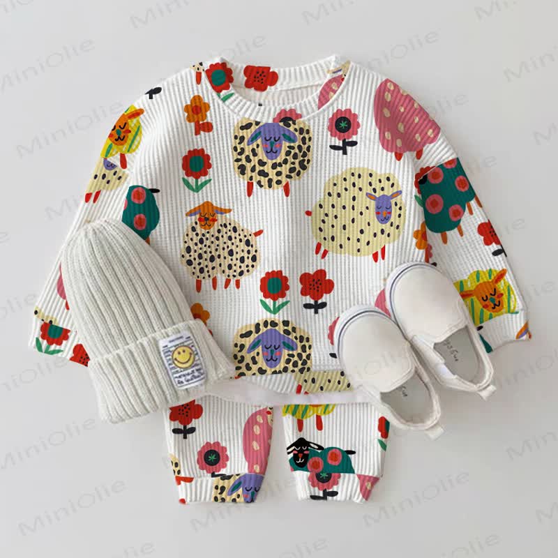 Baby Sheep Flower White Waffle 2-piece Set - White - 2-3T - image 1