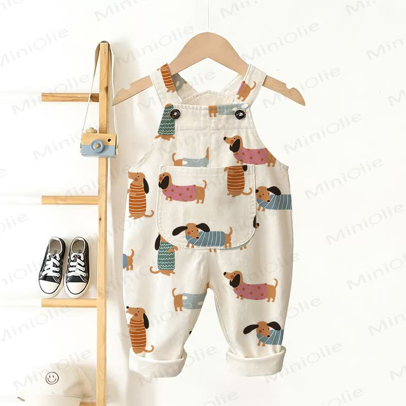 Baby Toddler Daschund Print Pocket Overalls - Beige - 3-5T - image 1